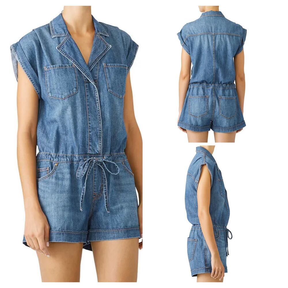 Sanctuary Scout Denim Romper SMALL Med Wash Drawstring Utility Snap 100% Cotton
